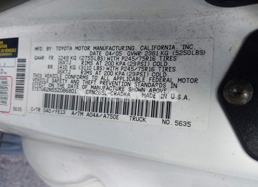 Photo 9 of 2005 Toyota Tacoma PRERUNNER V6 (VIN 5TETU62N55Z086801)