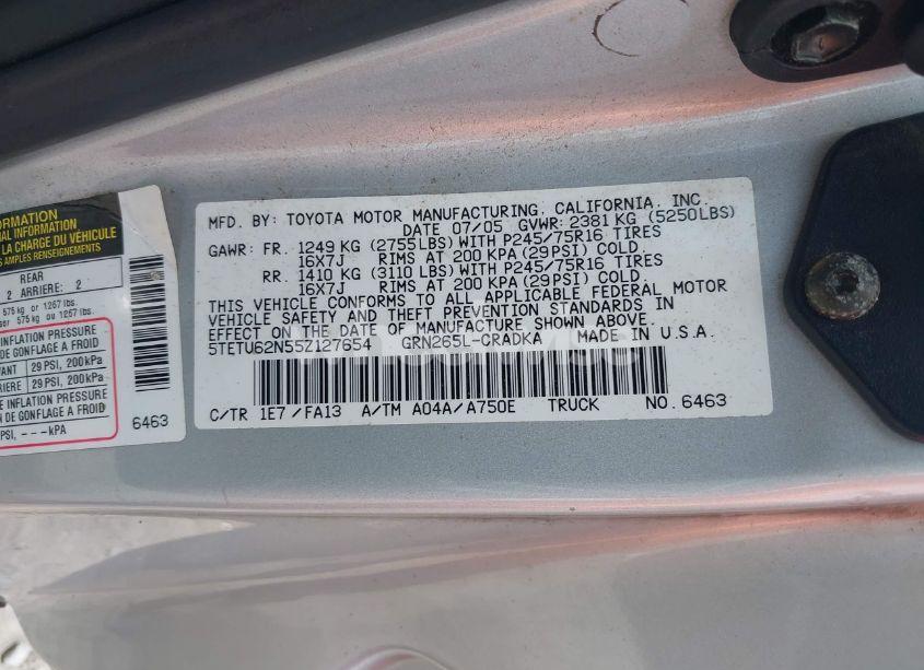 Photo 9 of 2005 Toyota Tacoma PRERUNNER V6 (VIN 5TETU62N55Z127654)