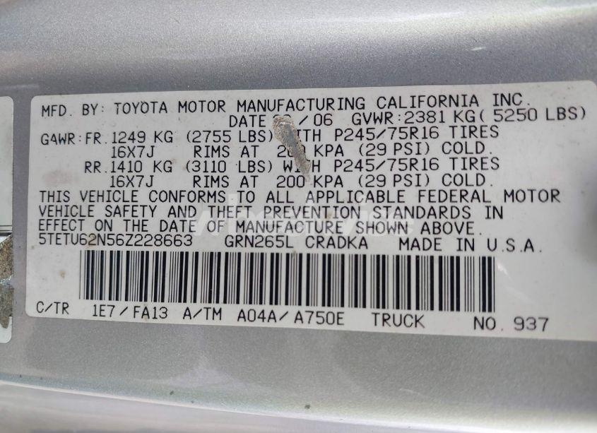 Photo 9 of 2006 Toyota Tacoma PRERUNNER V6 (VIN 5TETU62N56Z228663)