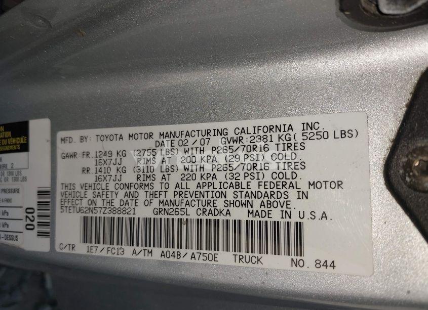 Photo 9 of 2007 Toyota Tacoma PRERUNNER V6 (VIN 5TETU62N57Z388821)