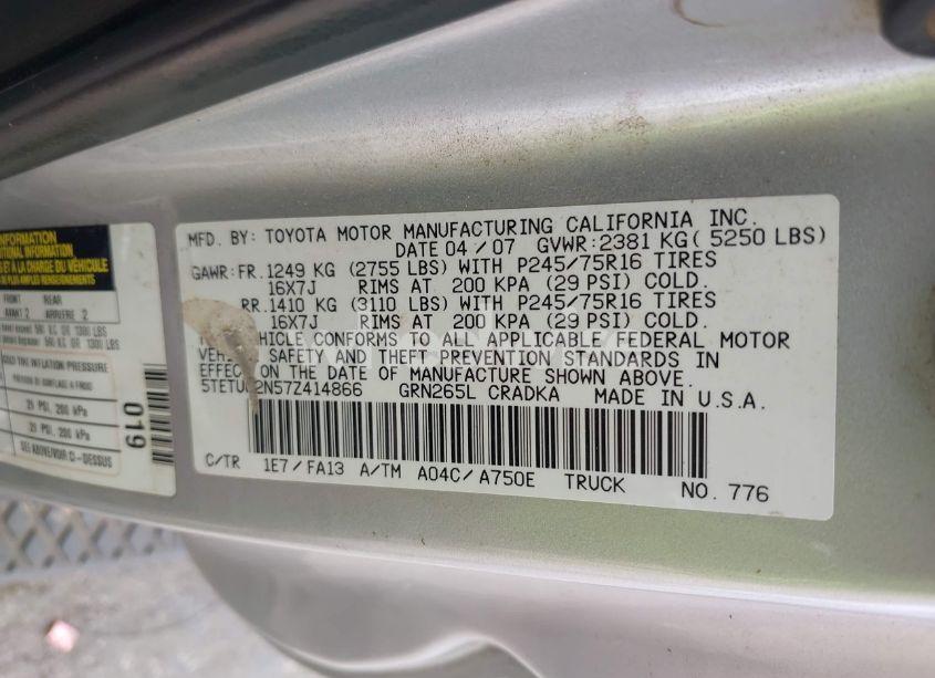 Photo 9 of 2007 Toyota Tacoma PRERUNNER V6 (VIN 5TETU62N57Z414866)