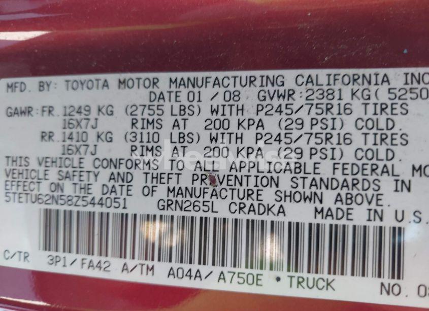 Photo 9 of 2008 Toyota Tacoma PRERUNNER V6 (VIN 5TETU62N58Z544051)