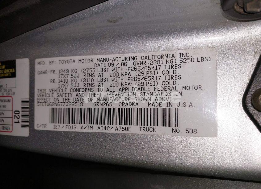 Photo 9 of 2007 Toyota Tacoma PRERUNNER V6 (VIN 5TETU62N67Z329518)