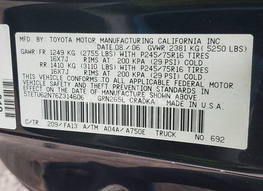 Photo 9 of 2006 Toyota Tacoma PRERUNNER V6 (VIN 5TETU62N76Z314606)