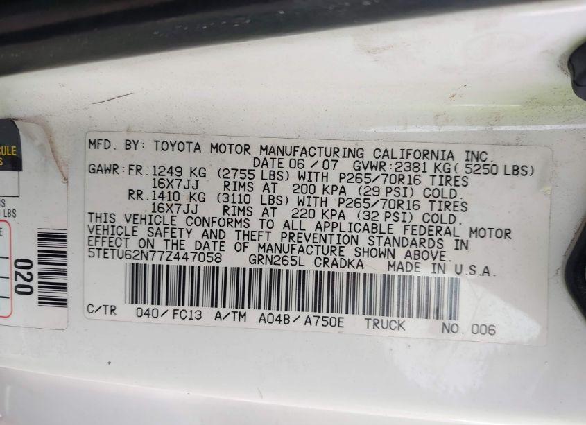 Photo 9 of 2007 Toyota Tacoma PRERUNNER ACCESS CAB (VIN 5TETU62N77Z447058)