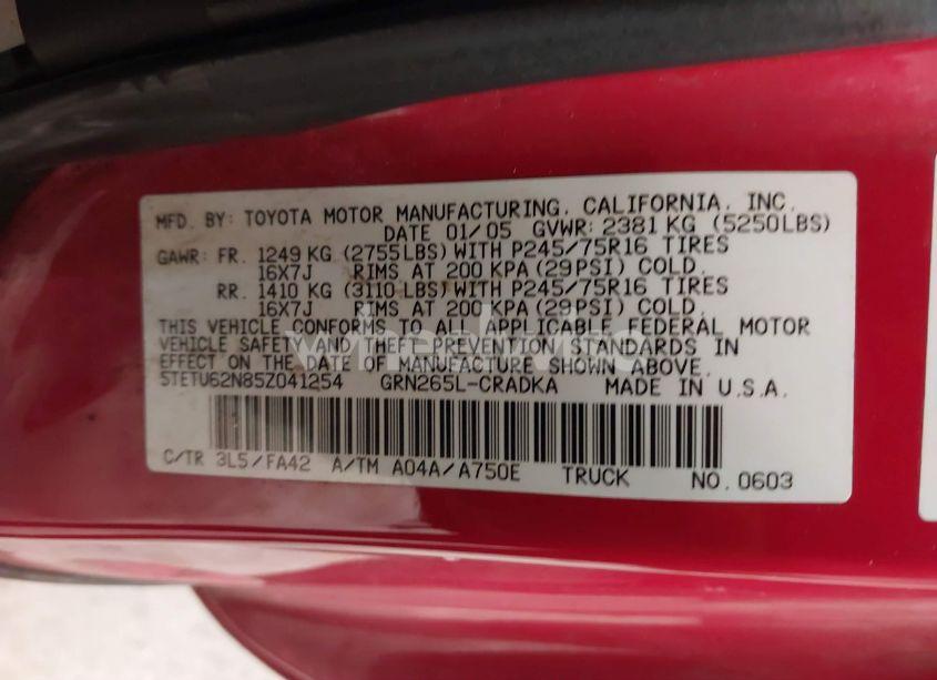Photo 9 of 2005 Toyota Tacoma PRERUNNER V6 (VIN 5TETU62N85Z041254)