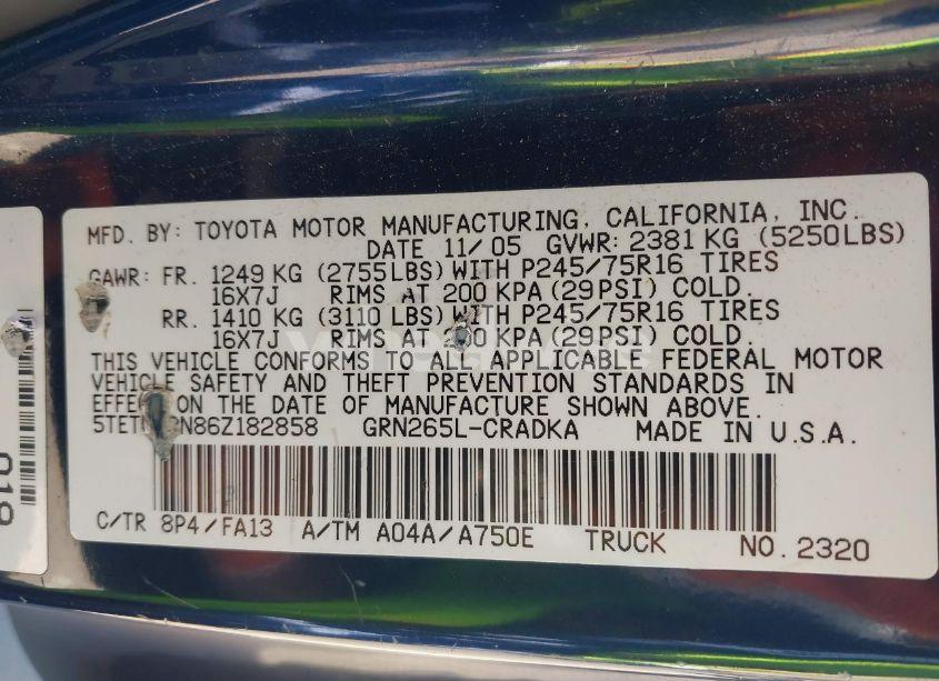 Photo 9 of 2006 Toyota Tacoma PRERUNNER V6 (VIN 5TETU62N86Z182858)