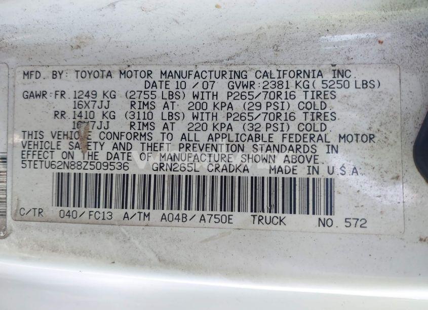 Photo 9 of 2008 Toyota Tacoma PRERUNNER V6 (VIN 5TETU62N88Z509536)