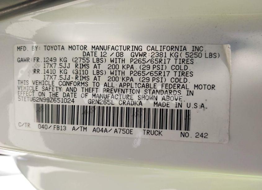 Photo 9 of 2009 Toyota Tacoma PRERUNNER V6 (VIN 5TETU62N99Z651024)