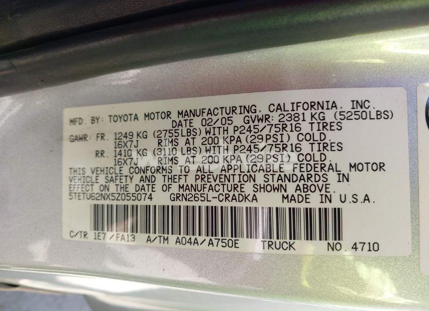 Photo 9 of 2005 Toyota Tacoma PRERUNNER V6 (VIN 5TETU62NX5Z055074)