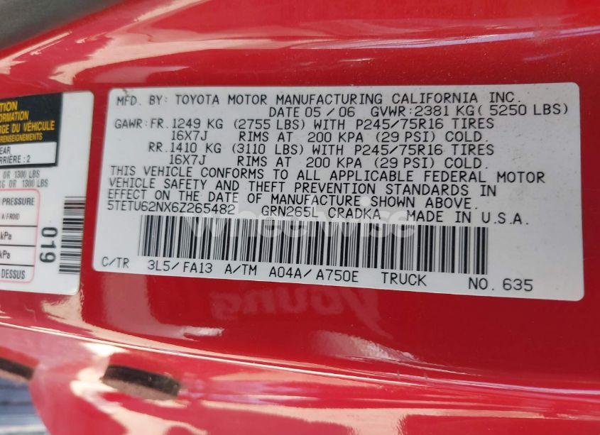Photo 9 of 2006 Toyota Tacoma PRERUNNER V6 (VIN 5TETU62NX6Z265482)