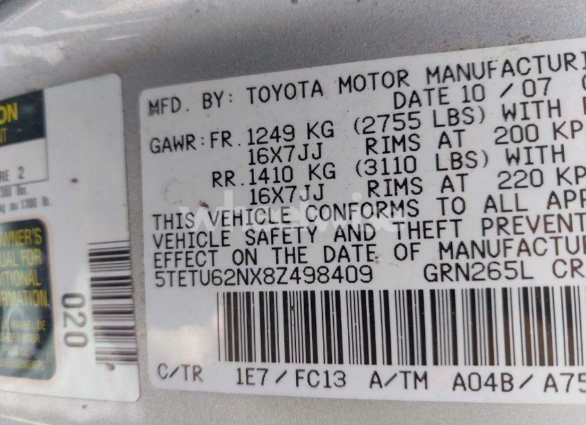 Photo 9 of 2008 Toyota Tacoma PRERUNNER ACCESS CAB (VIN 5TETU62NX8Z498409)