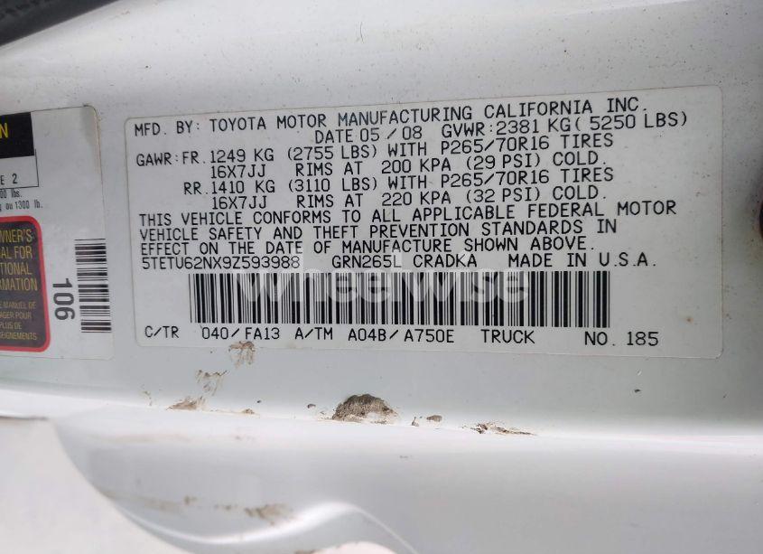 Photo 9 of 2009 Toyota Tacoma PRERUNNER ACCESS CAB (VIN 5TETU62NX9Z593988)