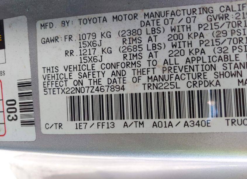 Photo 9 of 2007 Toyota Tacoma N/A (VIN 5TETX22N07Z467894)
