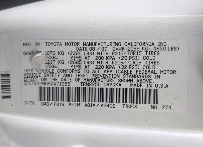 Photo 9 of 2008 Toyota Tacoma (VIN 5TETX22N08Z471655)