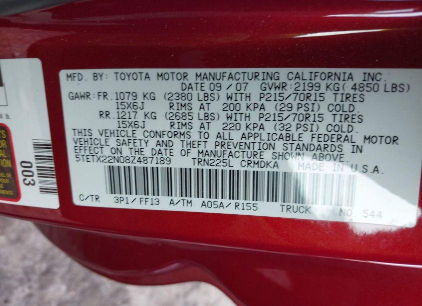 Photo 9 of 2008 Toyota Tacoma (VIN 5TETX22N08Z487189)