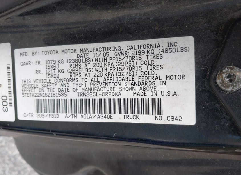 Photo 9 of 2006 Toyota Tacoma (VIN 5TETX22N16Z181535)