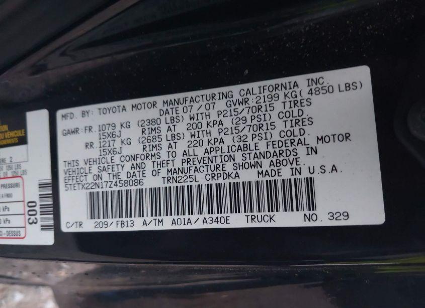 Photo 9 of 2007 Toyota Tacoma N/A (VIN 5TETX22N17Z458086)
