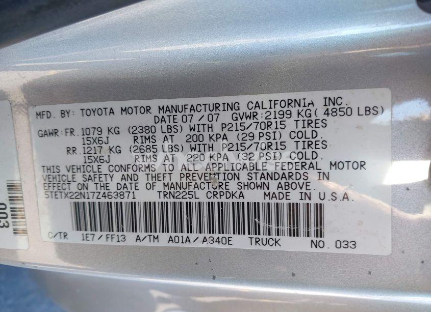 Photo 9 of 2007 Toyota Tacoma N/A (VIN 5TETX22N17Z463871)