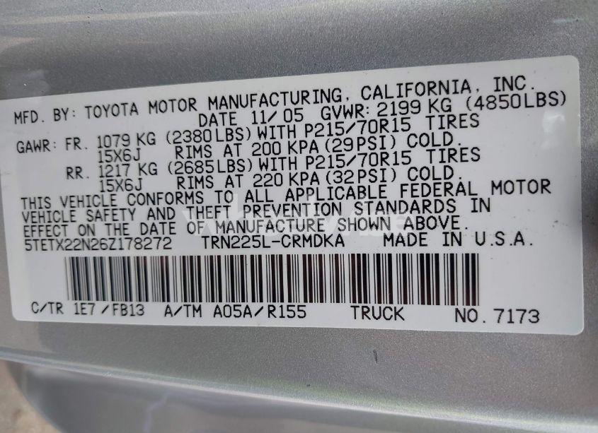 Photo 9 of 2006 Toyota Tacoma (VIN 5TETX22N26Z178272)
