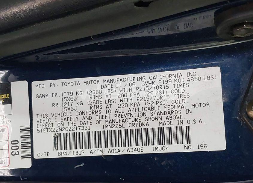 Photo 9 of 2006 Toyota Tacoma (VIN 5TETX22N26Z217331)