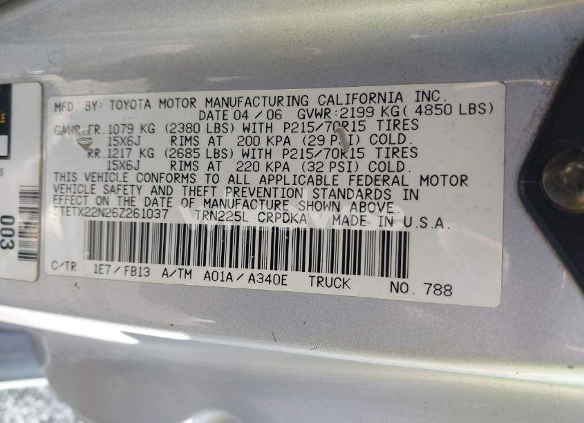Photo 9 of 2006 Toyota Tacoma (VIN 5TETX22N26Z261037)