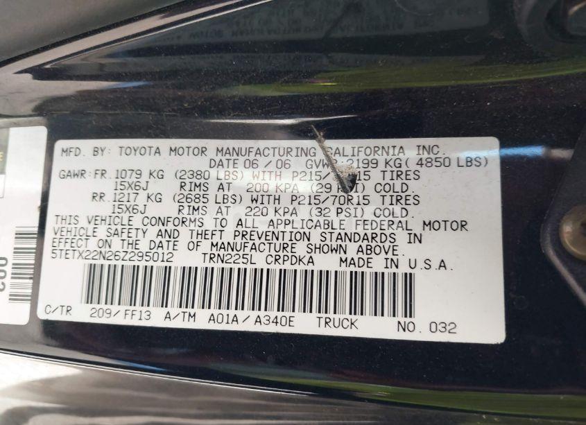 Photo 9 of 2006 Toyota Tacoma (VIN 5TETX22N26Z295012)