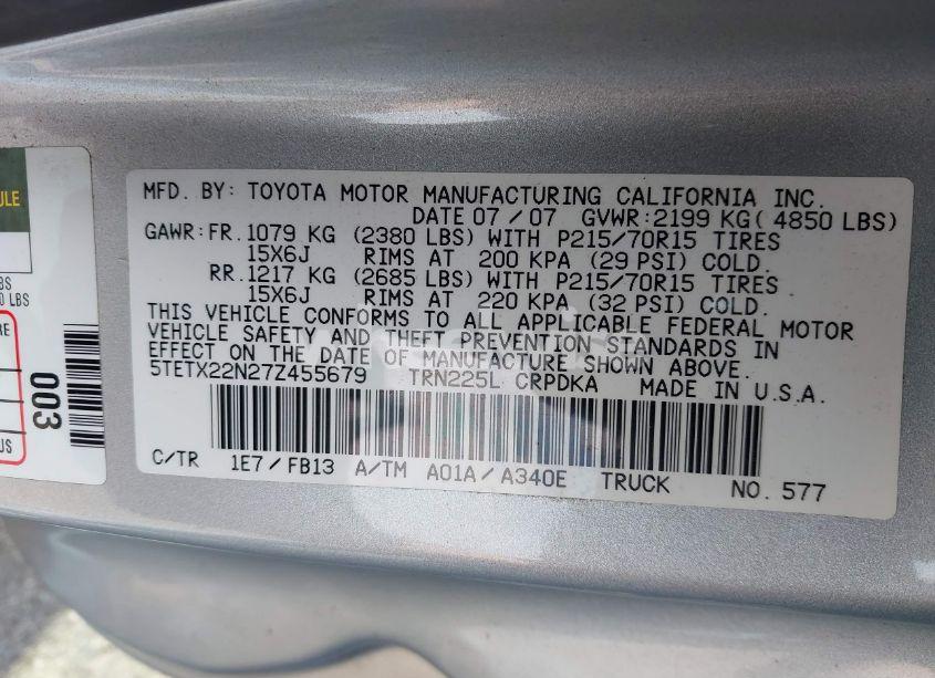 Photo 9 of 2007 Toyota Tacoma N/A (VIN 5TETX22N27Z455679)