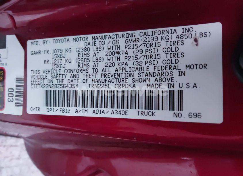 Photo 9 of 2008 Toyota Tacoma (VIN 5TETX22N28Z564354)