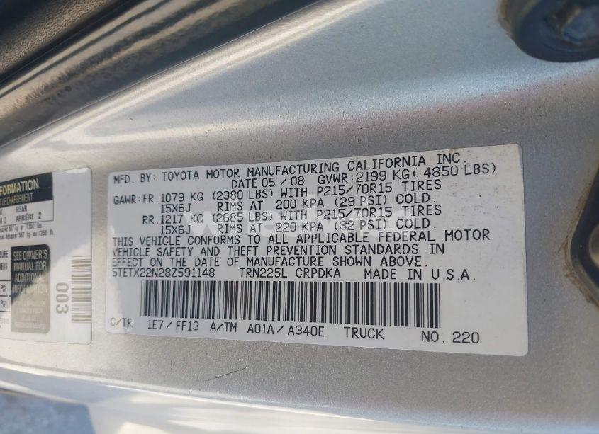 Photo 9 of 2008 Toyota Tacoma (VIN 5TETX22N28Z591148)