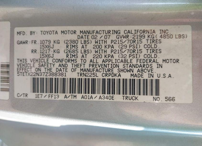 Photo 9 of 2007 Toyota Tacoma N/A (VIN 5TETX22N37Z388381)