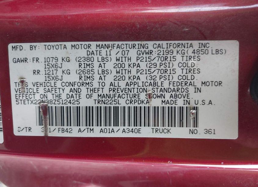 Photo 9 of 2008 Toyota Tacoma (VIN 5TETX22N38Z512425)