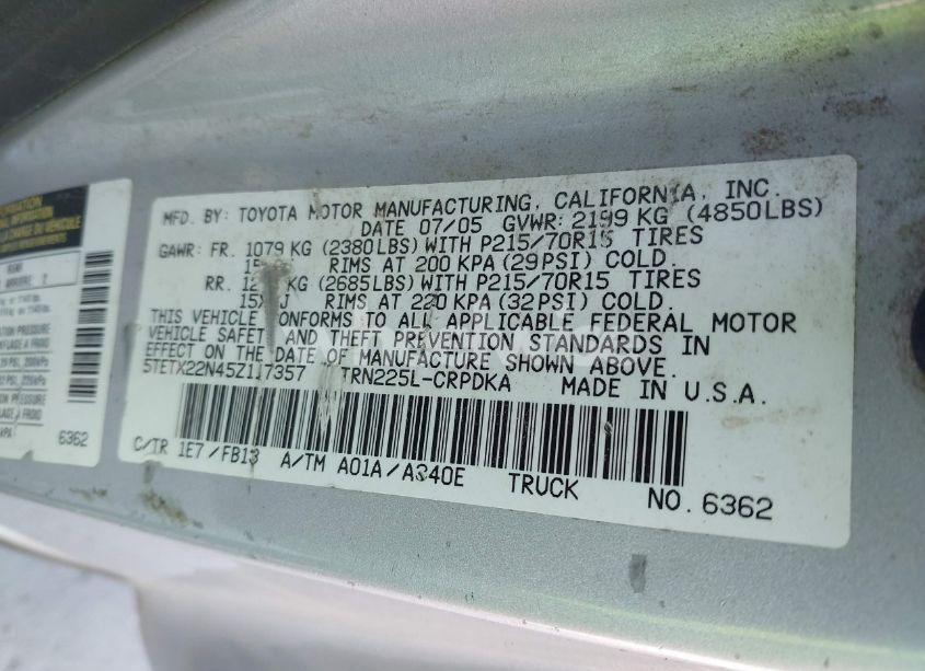 Photo 9 of 2005 Toyota Tacoma (VIN 5TETX22N45Z117357)