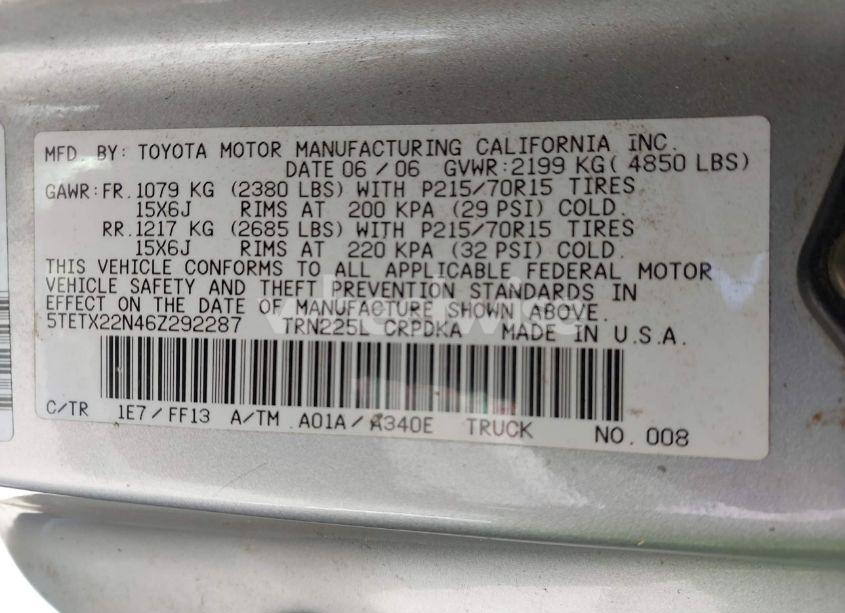 Photo 9 of 2006 Toyota Tacoma (VIN 5TETX22N46Z292287)