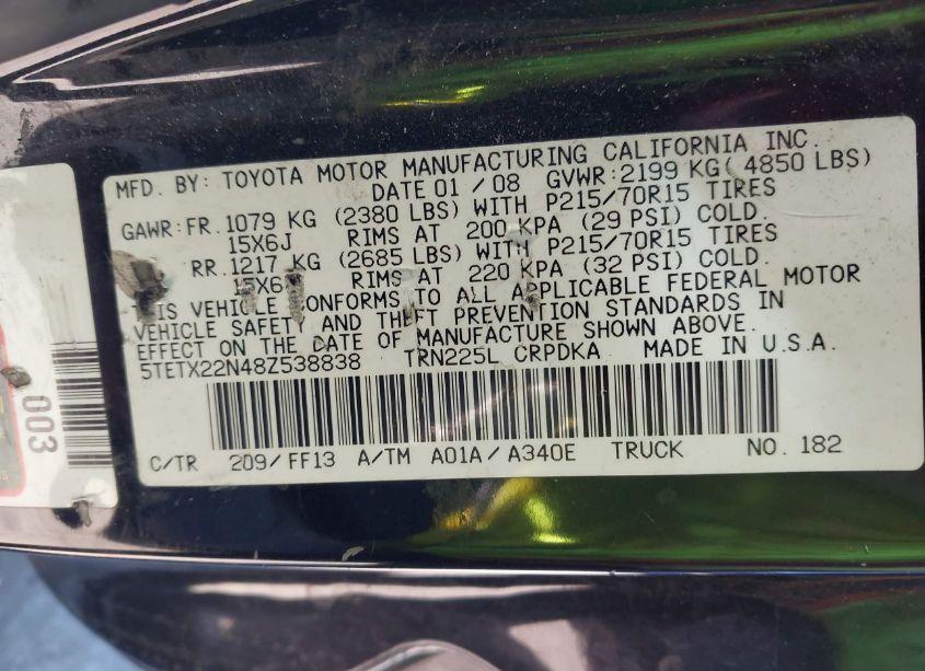 Photo 9 of 2008 Toyota Tacoma (VIN 5TETX22N48Z538838)