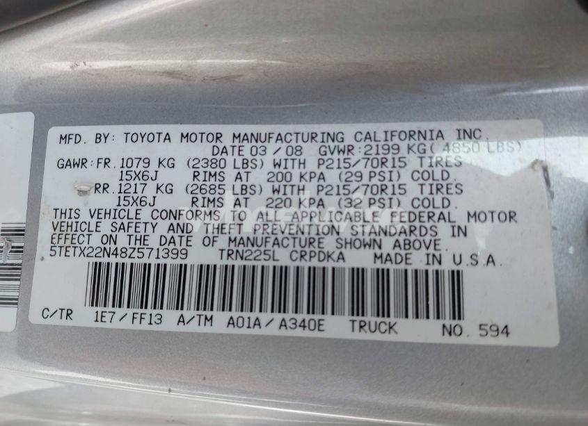 Photo 9 of 2008 Toyota Tacoma (VIN 5TETX22N48Z571399)