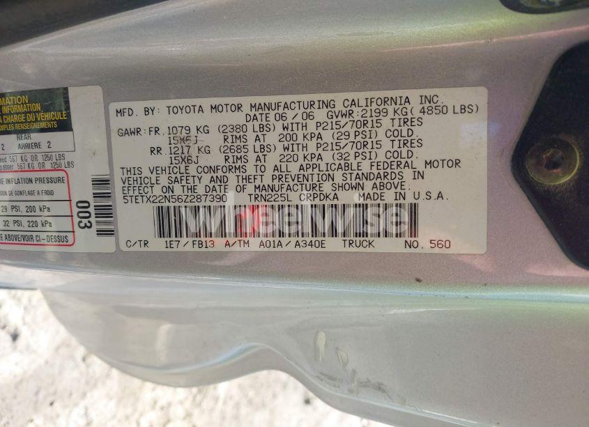 Photo 9 of 2006 Toyota Tacoma (VIN 5TETX22N56Z287390)