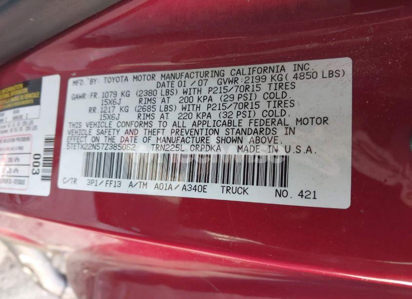 Photo 9 of 2007 Toyota Tacoma N/A (VIN 5TETX22N57Z385062)