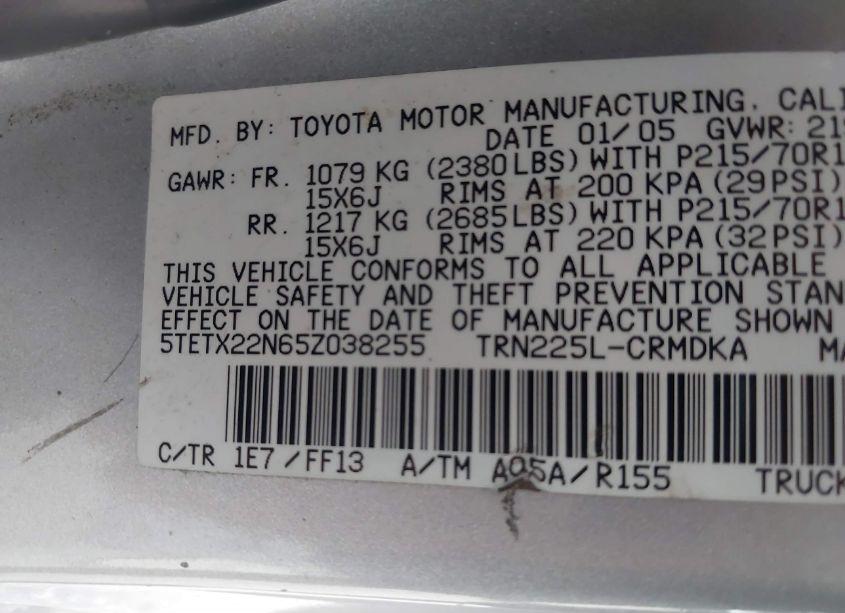 Photo 9 of 2005 Toyota Tacoma (VIN 5TETX22N65Z038255)