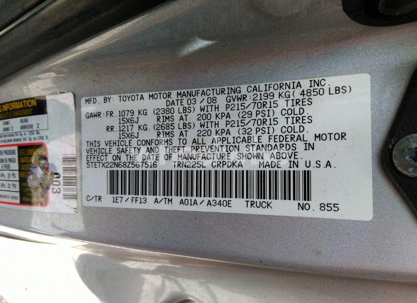 Photo 9 of 2008 Toyota Tacoma (VIN 5TETX22N68Z567516)
