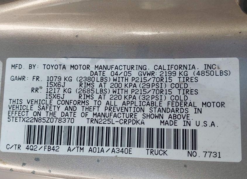 Photo 9 of 2005 Toyota Tacoma (VIN 5TETX22N85Z078370)