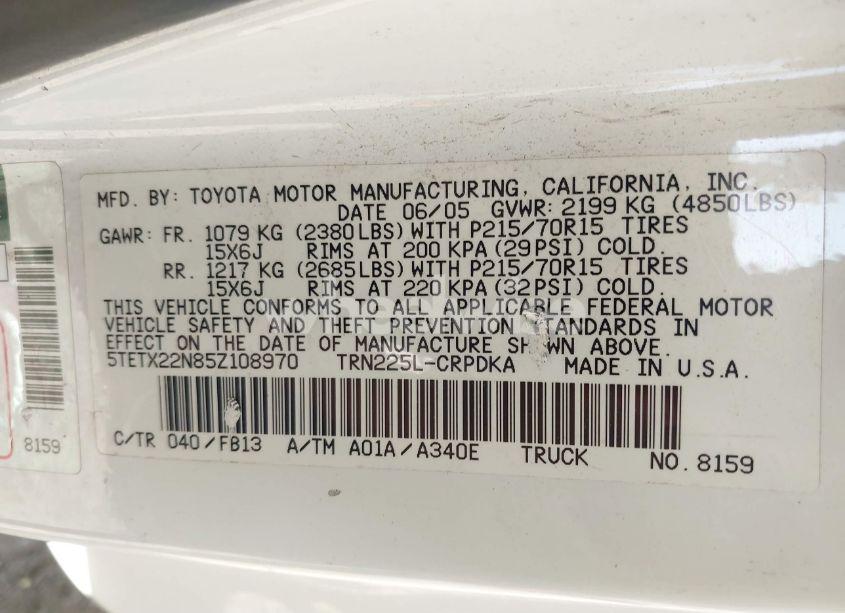 Photo 9 of 2005 Toyota Tacoma (VIN 5TETX22N85Z108970)