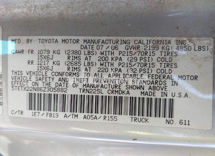 Photo 9 of 2006 Toyota Tacoma (VIN 5TETX22N86Z305882)