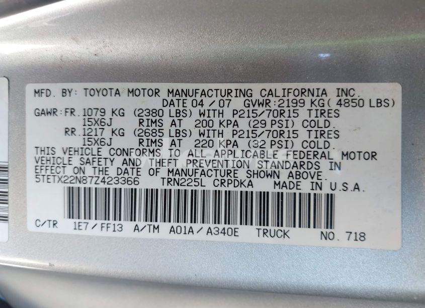 Photo 9 of 2007 Toyota Tacoma N/A (VIN 5TETX22N87Z423366)