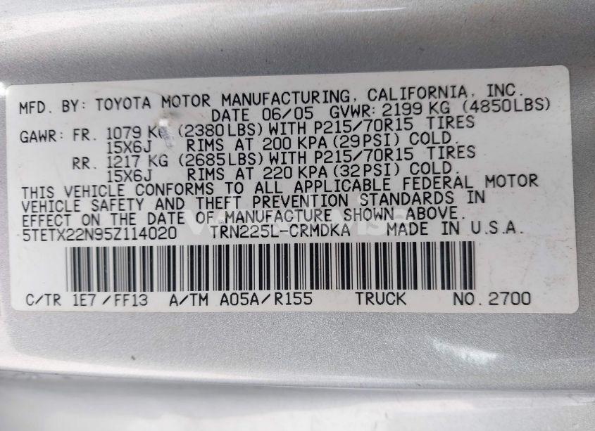 Photo 9 of 2005 Toyota Tacoma (VIN 5TETX22N95Z114020)