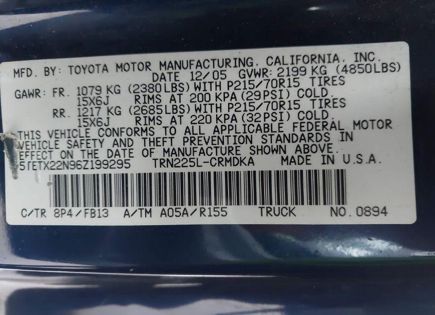 Photo 9 of 2006 Toyota Tacoma (VIN 5TETX22N96Z199295)
