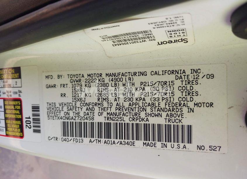 Photo 9 of 2010 Toyota Tacoma (VIN 5TETX4CN6AZ720458)