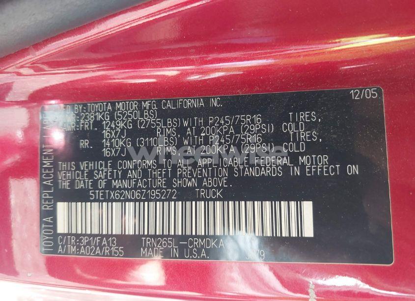 Photo 9 of 2006 Toyota Tacoma PRERUNNER (VIN 5TETX62N06Z195272)