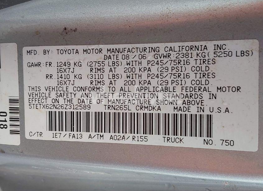 Photo 9 of 2006 Toyota Tacoma PRERUNNER (VIN 5TETX62N26Z312589)