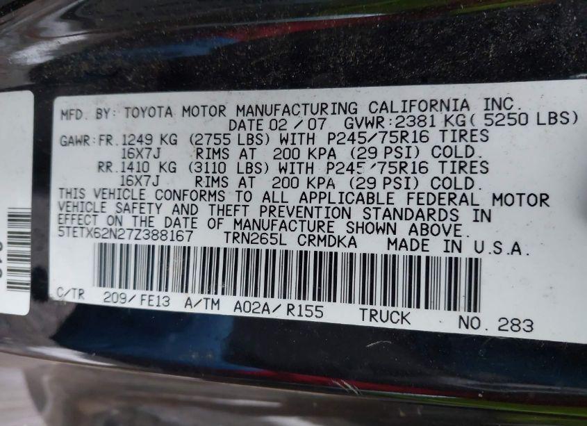 Photo 9 of 2007 Toyota Tacoma PRERUNNER (VIN 5TETX62N27Z388167)